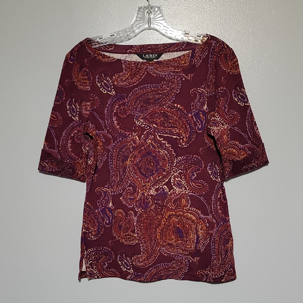 Lauren Ralph Lauren Women's Burgundy Paisley Short Sleeve Top Sz Med Cotton